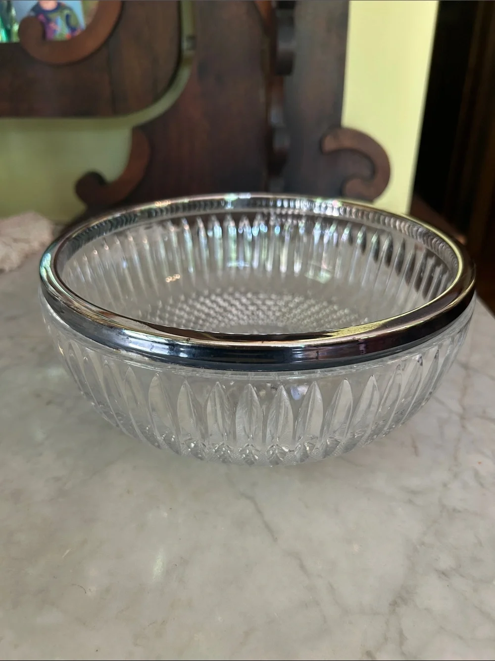 Leaded Glass Silver Rimmed Bowl Two Quart Size; in Excellent Condition; Heavy!